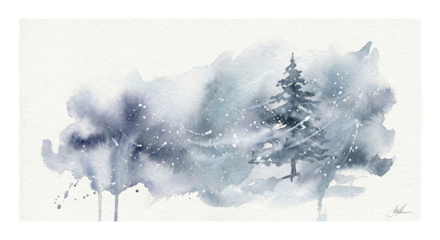 Watercolor winter forest with falling snow, transparent background