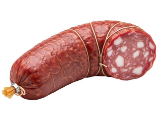 Isolated sausage on display with twine, a traditional meat product for sale, cut end visible