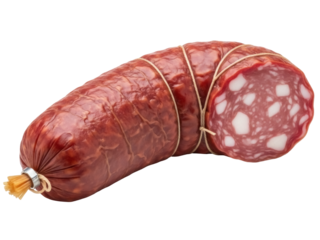 Isolated sausage on display with twine, a traditional meat product for sale, cut end visible