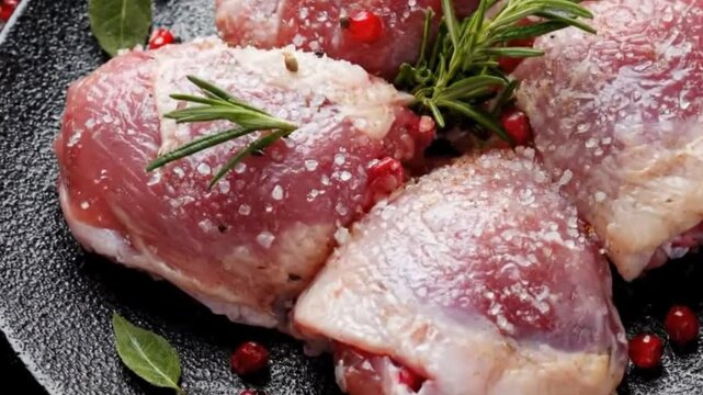 A visually appealing close-up shot of raw, fresh poultry cuts, meticulously seasoned with coarse sea salt, aromatic rosemary sprigs, fragrant bay leaves, and vibrant red peppercorns. The succulent mea