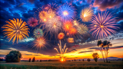 Colorful pyrotechnics display an explosion of light over the city river during a bright New Year festival night celebration