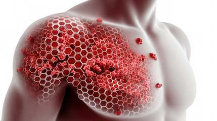Close up of a male chest exhibiting symptoms of a skin allergy, such as redness and small bumps, against a transparent background, emphasizing the visibility of the skin condition