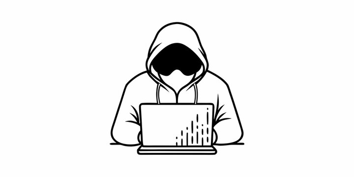 Hooded hacker silhouette working on computer for cyber crime and data theft concept line art vector.