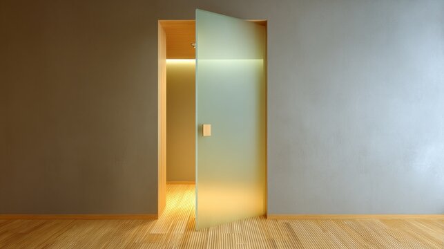 A sleek, frosted glass door stands ajar, leading into a tranquil room. The warm glow highlights the natural wood flooring, creating a peaceful atmosphere