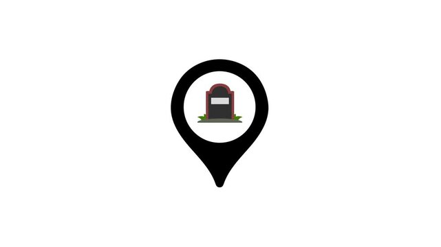 Motion graphic of a map pointer GPS icon with a tombstone symbol representing funeral homes cemeteries or memorial parks for digital mapping interfaces.
