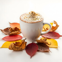 Autumn latte surrounded by leaves