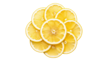 Pile of lemon slices PNG isolated on transparent background, fresh citrus fruit cut into circles for lemonade and summer drinks