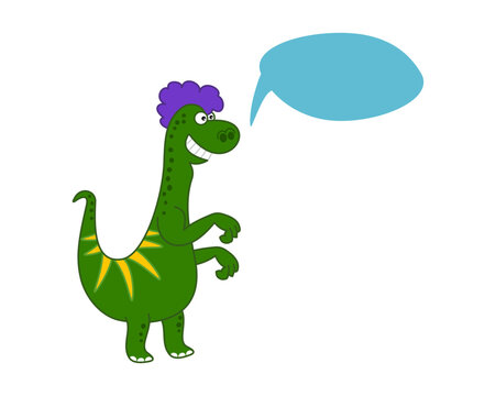 Very funny green dinosaur with blue chat bubble on white background - vector