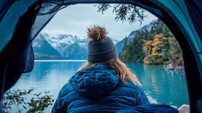 View from inside cozy tent looking out at woman in puffy jacket enjoying tranquil scene of turquoise mountain lake and imposing snowy peaks.