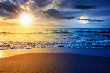 sand beach at the sea for summer solstice vacation. day and night time change concept. beautiful...