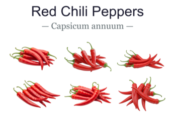 Bright red chili peppers Capsicum annuum are grouped in clusters against a white background highlighting their freshness and vibrant color for commercial use