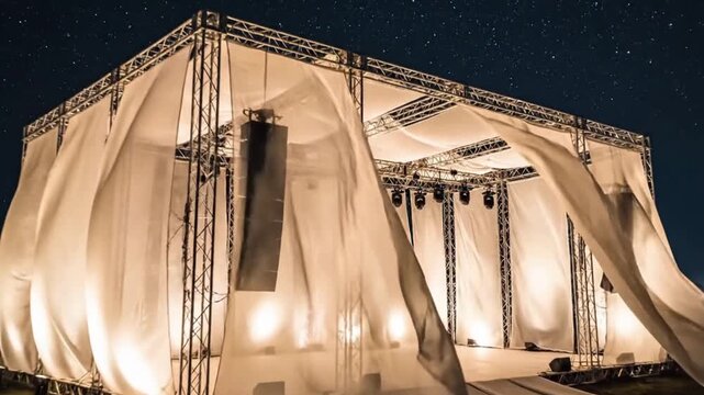 Impressive outdoor concert stage with elegant white drapes and professional trussing under a vast starry night sky, ready for a spectacular live event performance