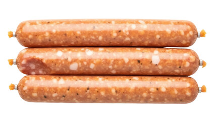 Three raw Italian sausages isolated PNG on transparent background, uncooked pork links for grilling and cooking, seasoned meat product