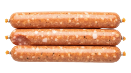 Three raw Italian sausages isolated PNG on transparent background, uncooked pork links for grilling and cooking, seasoned meat product