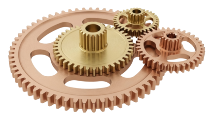 Isolated Three Mechanical Gears Interlocking In Action Machine Cog Wheel Turning Mechanism System