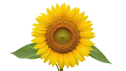 Bright yellow sunflower PNG isolated on transparent background, cheerful summer flower with green leaves for design and decoration