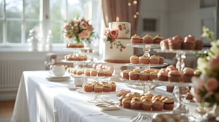 Joyful family celebration gathers around dessert table. Special occasions call for such beautiful arrangements. stunning floral cake and delicious cupcakes await guests, creating memorable moment