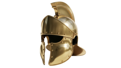 Golden Corinthian helmet isolated PNG, ancient Greek military headgear for historical reenactment and costume design on transparent background