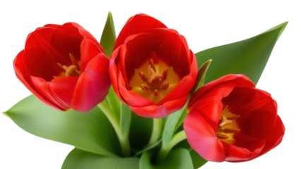 Three red tulip flowers isolated PNG on transparent background, vibrant spring blooms for floral design and botanical projects