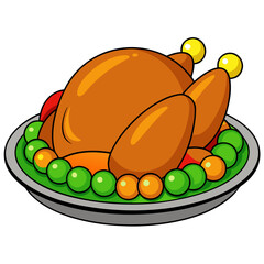 A delicious-looking roasted turkey sits on a platter, garnished with fresh rosemary, bright green peas, and sliced tomatoes.