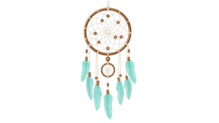Isolated dream catcher hanging with light blue feathers, circle with spiritual pattern