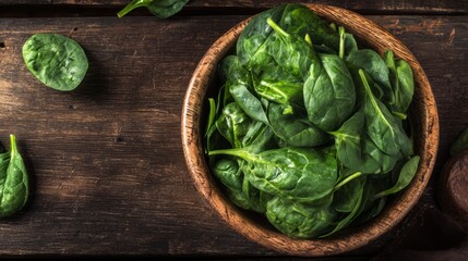 Fresh green spinach leaves in wooden bowl on rustic wooden table, healthy organic vegetables, clean eating, vegetarian and vegan food concept, top view close-up composition with copy space