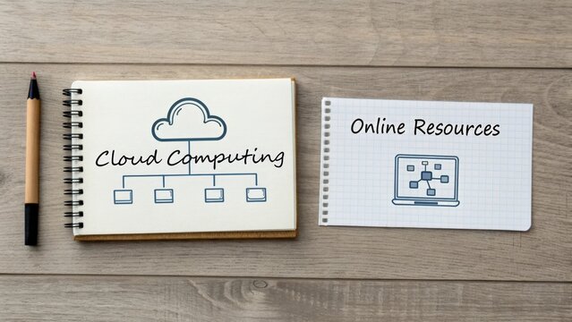 Cloud Computing and Online Research Notes on Wooden Desk - Powered by Adobe