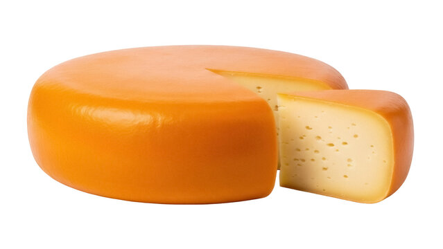 Gouda cheese wheel with a slice isolated PNG, delicious dairy product on transparent background for food and nutrition concepts