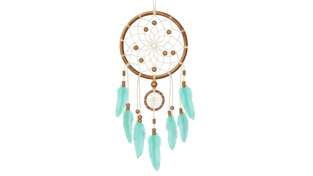 Isolated dream catcher hanging with light blue feathers, circle with spiritual pattern - Powered by Adobe
