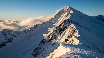 Snowy mountain peak above clouds at sunrise