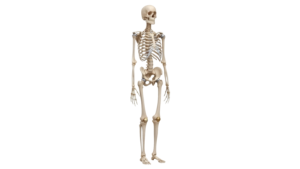 Isolated full human skeleton standing with arms at sides, realistic medical anatomy model