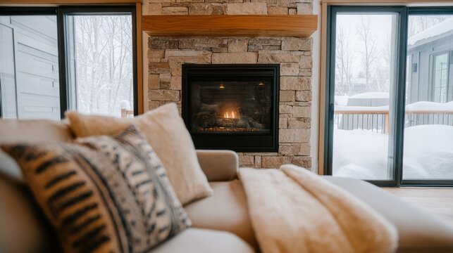 In a stylish living room, a stone fireplace crackles softly while snow gently blankets the outside world. Plush cushions and a soft throw invite relaxation during this serene winter day
