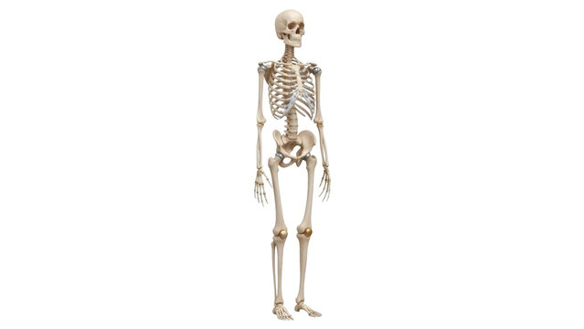Isolated full human skeleton standing with arms at sides, realistic medical anatomy model