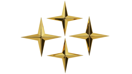 Isolated rendering of a group of 4-point gold stars with a metallic luster, graphic symbol