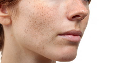 Close up of a woman's face highlighting a skin condition like hyperpigmentation or melasma, set against a transparent background, emphasizing the need for skincare and treatment
