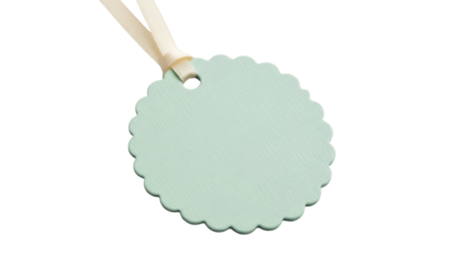 Light green scalloped tag with ribbon isolated PNG, blank label for gift wrapping and product branding on transparent background