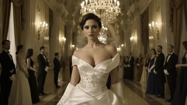 Confident Glamorous Woman in Luxurious White Gown at Grand Opulent Ballroom Gala