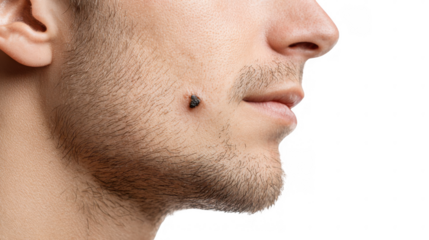 Close up of a woman's face highlighting a skin condition like hyperpigmentation or melasma, set against a transparent background, emphasizing the need for skincare and treatment