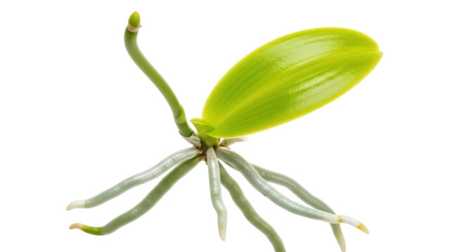 Isolated small orchid plant with leaves and roots ready for transplanting into soil