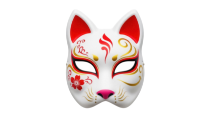 Japanese fox mask isolated PNG on transparent background, traditional kitsune mask with red and gold decorations for festivals and cosplay