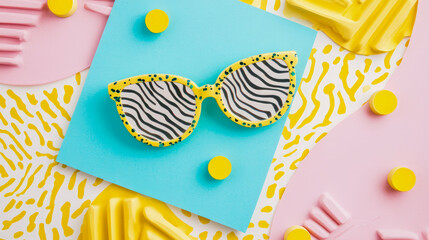 Obraz premium Vibrant overhead flat lay showcasing funky yellow sunglasses with bold zebra print against turquoise and pastel pink background in playful 90s maximalist style.