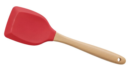 Isolated kitchen spatula with a red silicone head and wooden handle for cooking and baking