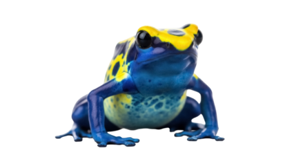 Blue poison dart frog PNG isolated on transparent background, vibrant amphibian with yellow spots for educational and design projects