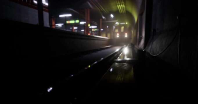 Dimly lit subway tunnel stretches into the distance where soft lights flicker, creating a haunting yet intriguing ambiance. Water glistens on the tracks as shadows dance along the walls.