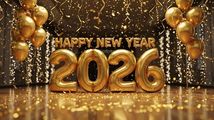 Gold balloons and confetti celebrating Happy New Year 2026 celebration 1