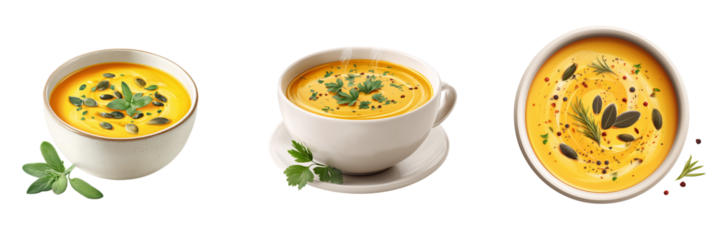 Three bowls of creamy orange soup garnished with herbs and seeds isolated on a transparent background