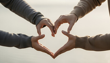Close view of several hands arranged into a heart shape on a neutral background. Strong visual for unity, partnership, and shared values.