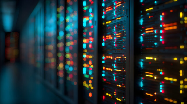 Data center server racks processing data and network information - Powered by Adobe