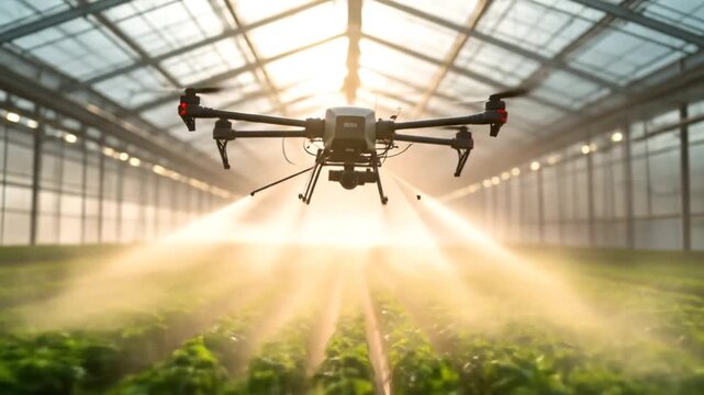 Drone spraying crops in a greenhouse, modern agriculture and innovative farming techniques
