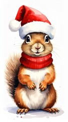 Lustiges Eichh&ouml;rnchen mit rotem Schal und Weihnachtsm&uuml;tze